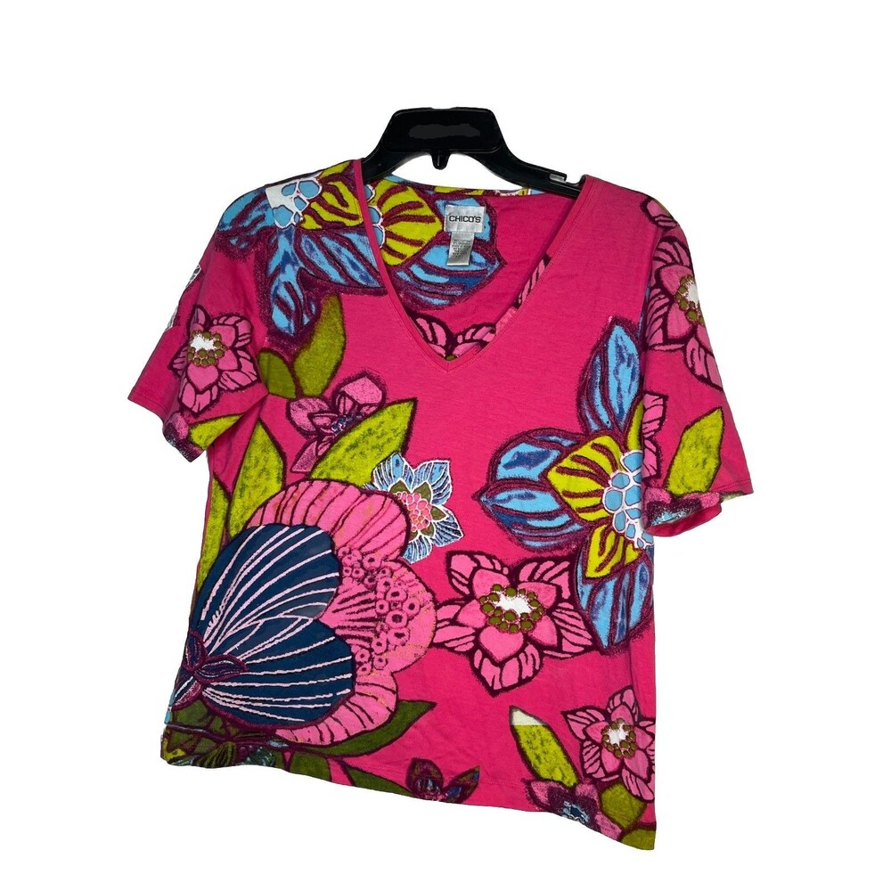 Chicos Art Print Modern Floral Painted Botanical Flower Short slv 1 Top M 6 8